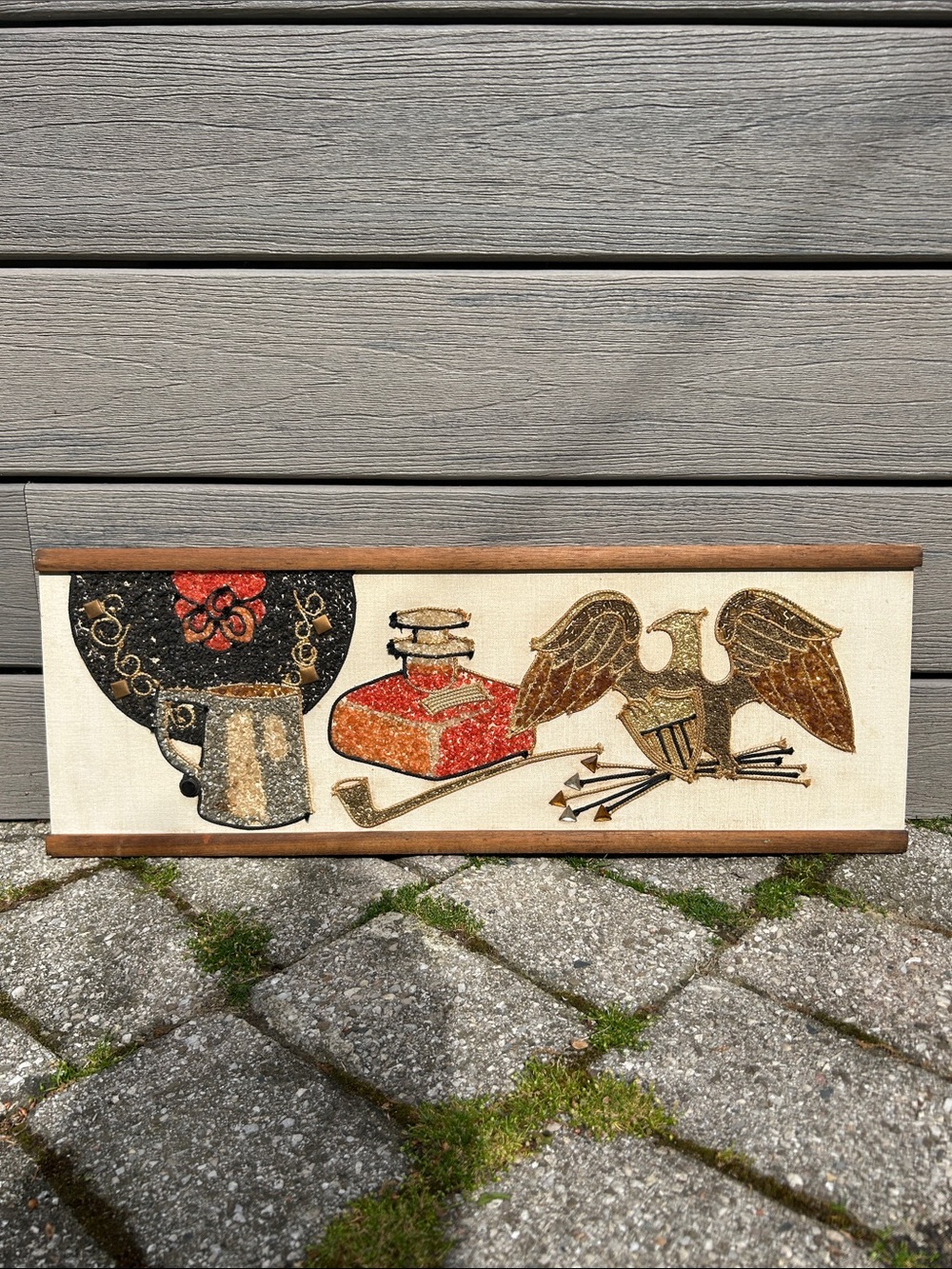 Vintage Colonial Study Americana Gravel Art Wall Hanging- Eagle and Patriotic